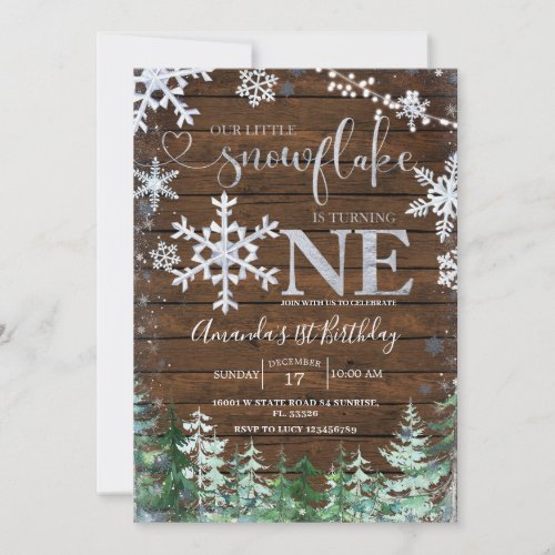 Wood Silver Our little Snowflake Forest Birthday Invitation