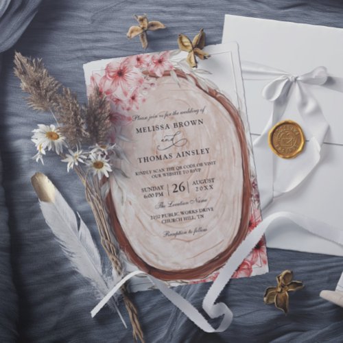 Wood Slice and Pink Flower Budget QR Code Wedding Invitation
