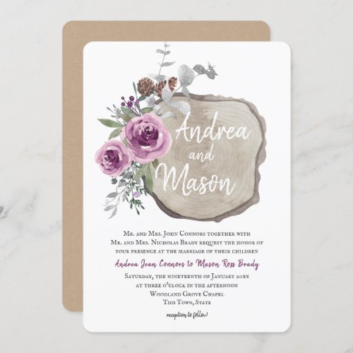 Wood Slice and Rose Purple and Silver Wedding Invitation