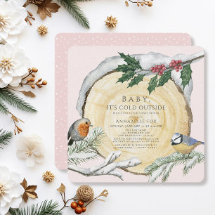 Wood Slice Baby It's Cold Outside Girl Baby Shower Invitation