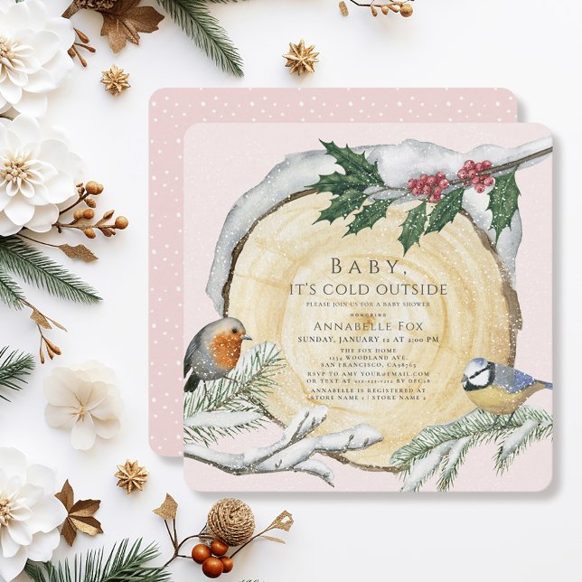 Wood Slice Baby It's Cold Outside Girl Baby Shower Invitation (Creator Uploaded)