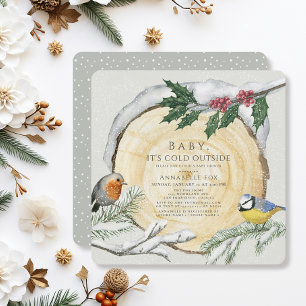 Wood Slice Bird Baby It's Cold Outside Baby Shower Invitation