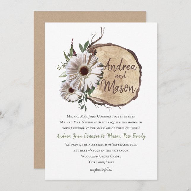 Wood Slice Daisy Wedding Invitation (Front/Back)