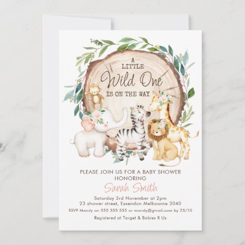 Wood Slice Floral Foliage Safari Baby Shower Invitation