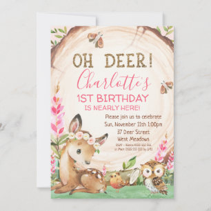 Wood Slice Floral Oh Deer Girls Birthday Invitation