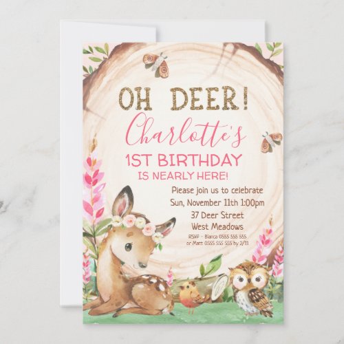 Wood Slice Floral Oh Deer Girls Birthday Invitation