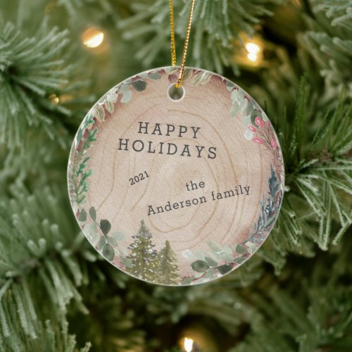 Wood Slice Happy Holidays Photo Ceramic Ornament