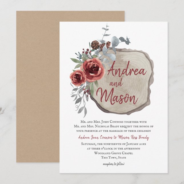 Wood Slice Marsala Red Wine Rose Rustic Wedding Invitation (Front/Back)