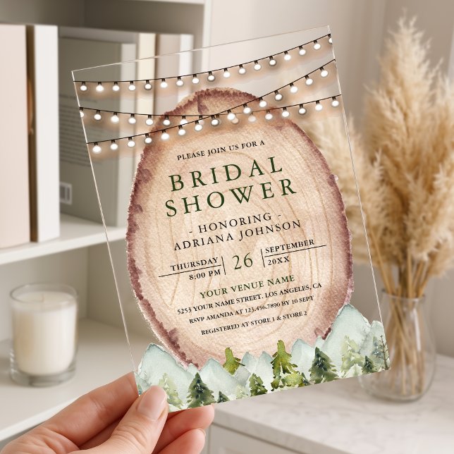 Wood Slice Mountain Forest Bridal Shower Acrylic Invitations (Creator Uploaded)