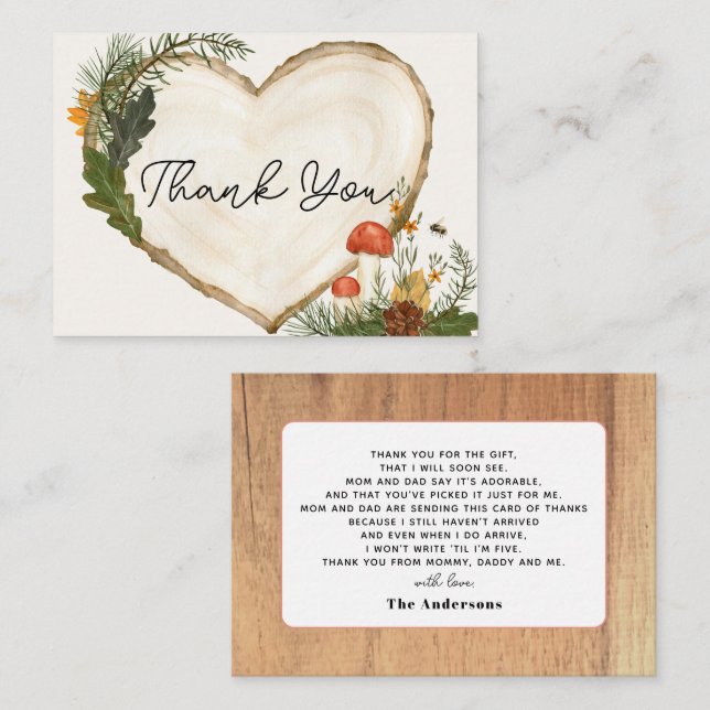 Wood Slice Mushroom Fall Baby Shower Thank You Note Card (Front/Back)