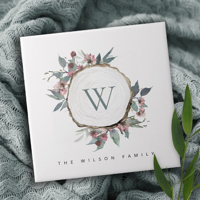 WOOD SLICE PINK BOTANICAL MONOGRAM FAMILY NAME CERAMIC TILE (Creator Uploaded)