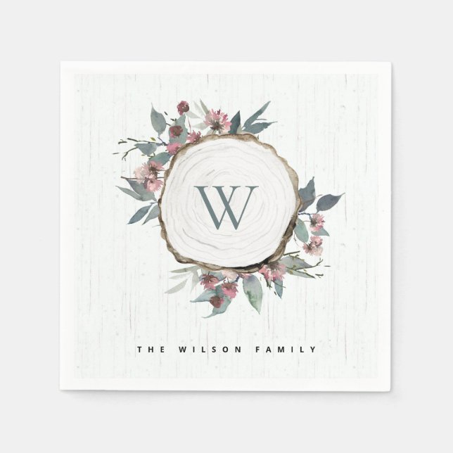 WOOD SLICE PINK BOTANICAL MONOGRAM FAMILY NAME NAPKINS (Front)