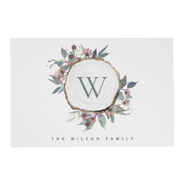 WOOD SLICE PINK BOTANICAL MONOGRAM FAMILY NAME PLA PLACEMAT (Front)