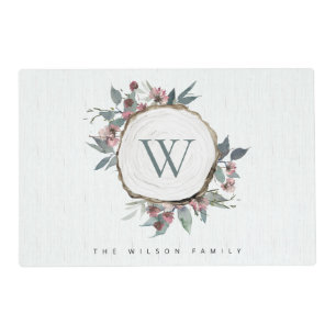 WOOD SLICE PINK BOTANICAL MONOGRAM FAMILY NAME PLACEMAT