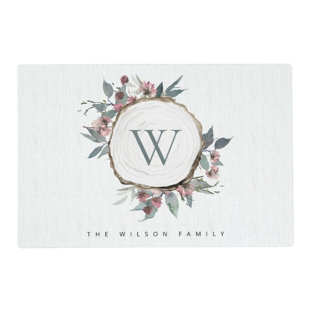 WOOD SLICE PINK BOTANICAL MONOGRAM FAMILY NAME PLACEMAT (Front)