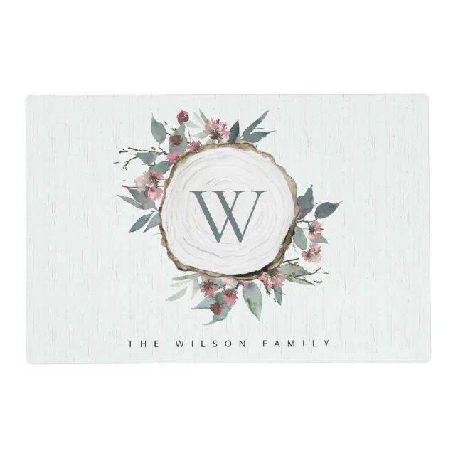 WOOD SLICE PINK BOTANICAL MONOGRAM FAMILY NAME PLACEMAT Zazzle
