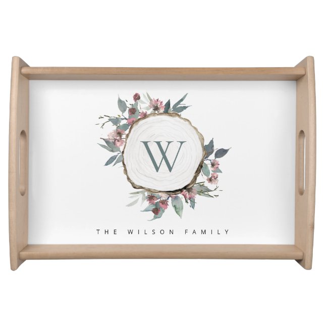 WOOD SLICE PINK BOTANICAL MONOGRAM FAMILY NAME SERVING TRAY (Front)