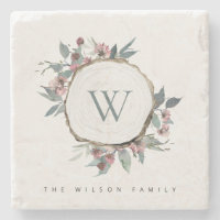 WOOD SLICE PINK BOTANICAL MONOGRAM FAMILY NAME