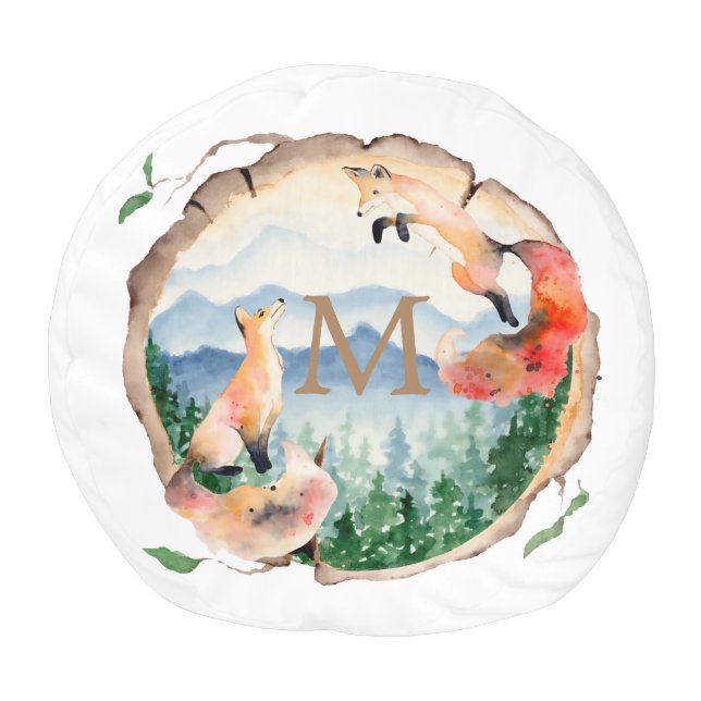 wood slice playful fox rustic monogram pouf (Top)