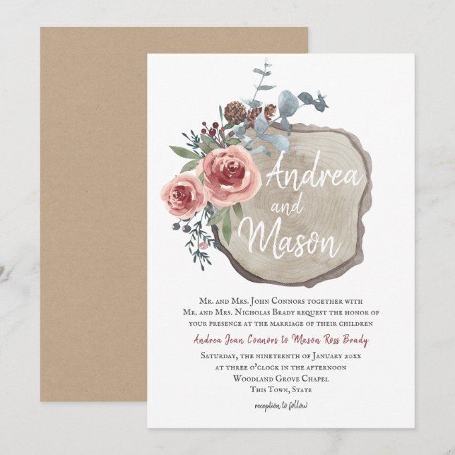 Wood Slice Rose and Eucalyptus Wedding Invitation (Front/Back)