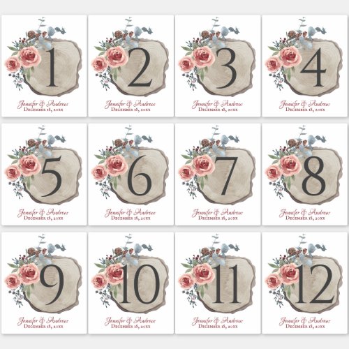 Wood Slice Rose Table Number Stickers