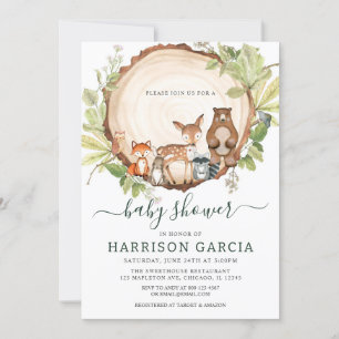 Wood Slice Tree Woodland Animals Baby Shower Invitation