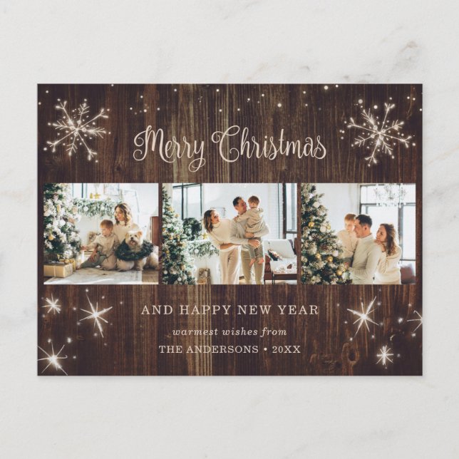Wood Snowflake 3 Photo Collage Holiday Postcard (Front)