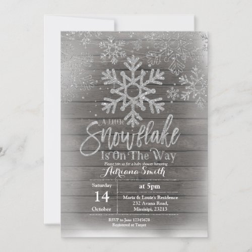Wood snowflake is on the way baby shower invitation
