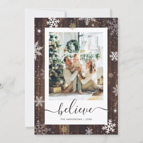 Wood Snowflake Photo Believe Christmas Cards