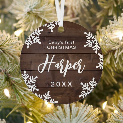Wood Snowflakes Babys First Christmas Script Name Metal Ornament