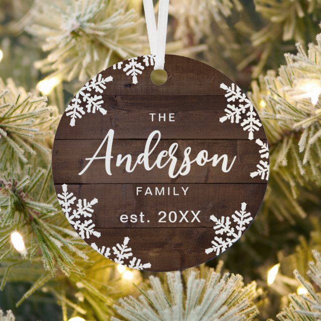 Wood Snowflakes Custom Family Name Script Xmas Metal Ornament (Insitu)