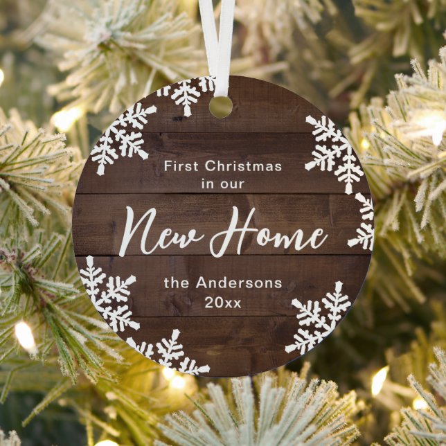 Wood Snowflakes First Christmas In Our New Home Metal Ornament (Insitu)