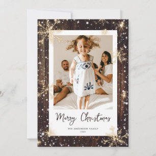 Wood Sparkly Snowflake Photo Christmas Cards