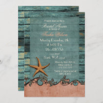Wood Starfish Coral Rustic Beach Bridal Shower Invitation