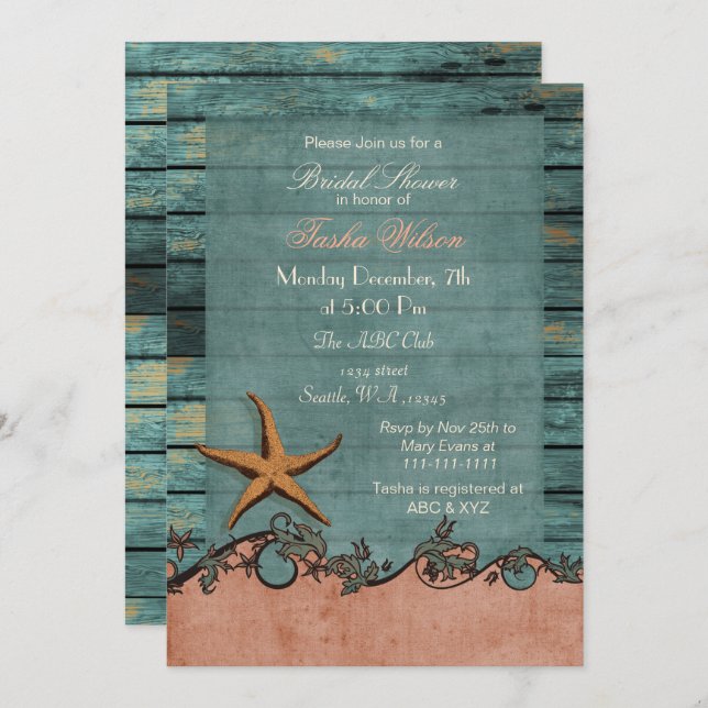 Wood Starfish Coral Rustic Beach Bridal Shower Invitation (Front/Back)