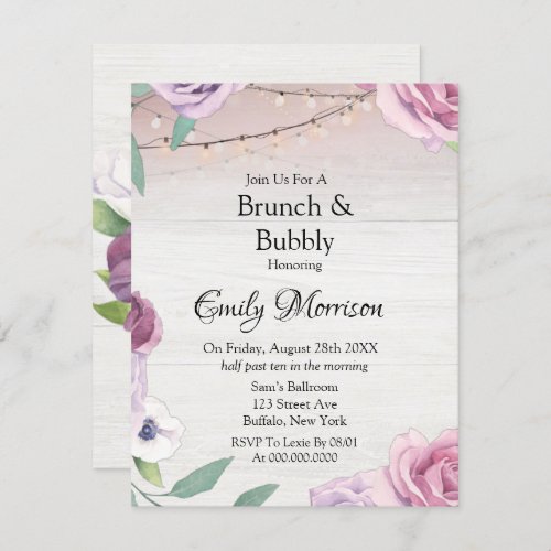 Wood String Light Lavender Peony Brunch and Bubbly Invitation