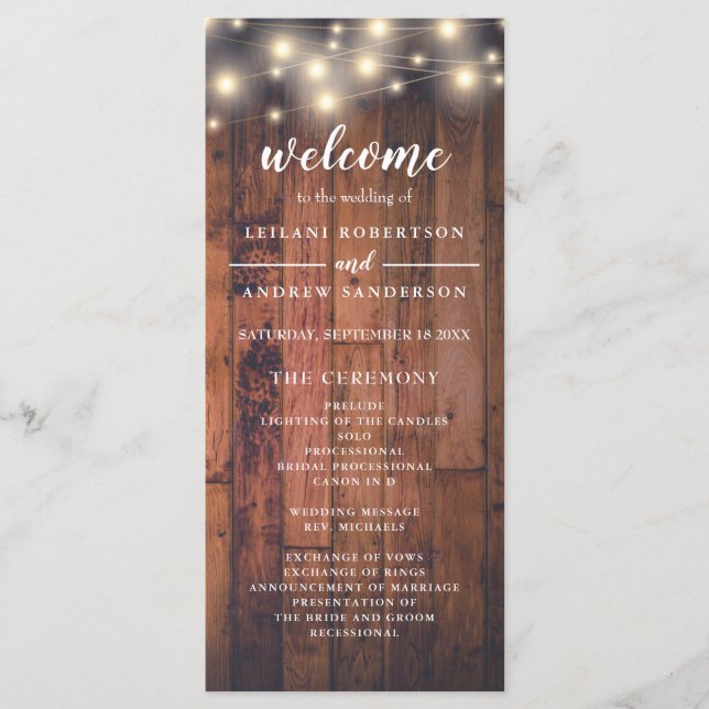 Wood String Light Wedding Program (Front)