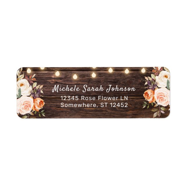 Wood String Lights, Blush & Peach Floral Address Label (Front)