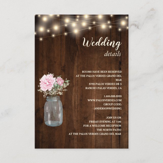 Wood String Lights Floral Jar Wedding Detail Enclosure Card (Front)