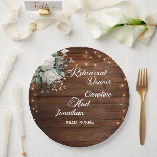 Wood String Lights Floral Rehearsal Dinner Wedding Paper Plates