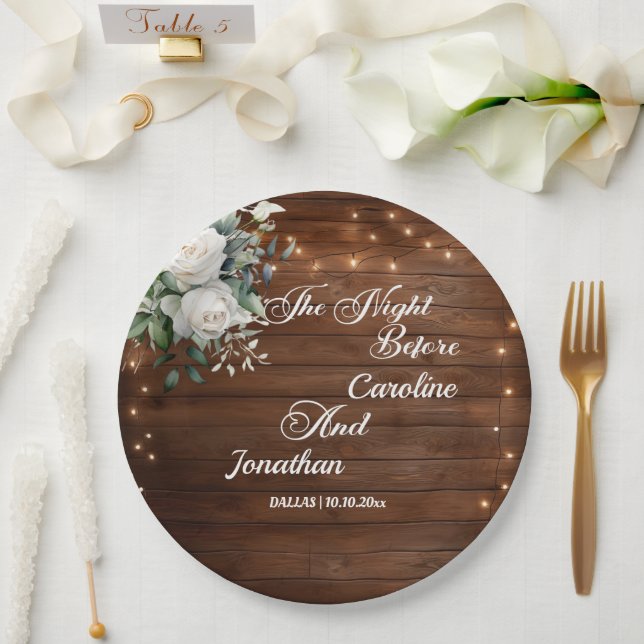 Wood String Lights Floral the Night Before Wedding Paper Plates (Wedding)