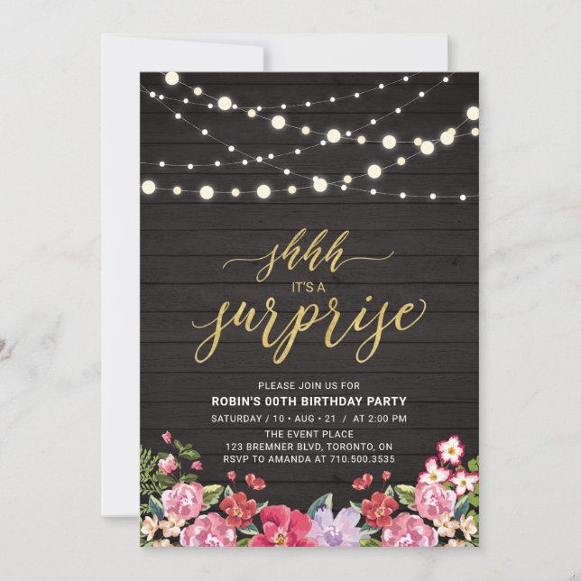 Wood & String Lights Gold Surprise Birthday Party Invitation (Front)