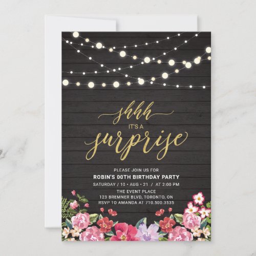 Wood  String Lights Gold Surprise Birthday Party Invitation