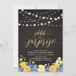 Wood & String Lights Gold Surprise Birthday Party Invitation