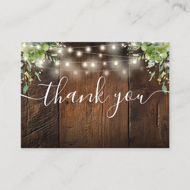 Wood String Lights Greenery Wedding Thank You Place Card (Front)