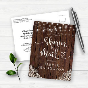Wood String Lights Lace Bridal Shower by Mail Invitation Postcard