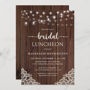Wood String Lights Lace Luncheon Bridal Shower Inv Invitation by CedarAndString at Zazzle