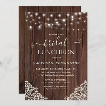 Wood String Lights Lace Luncheon Bridal Shower Invitation by CedarAndString at Zazzle