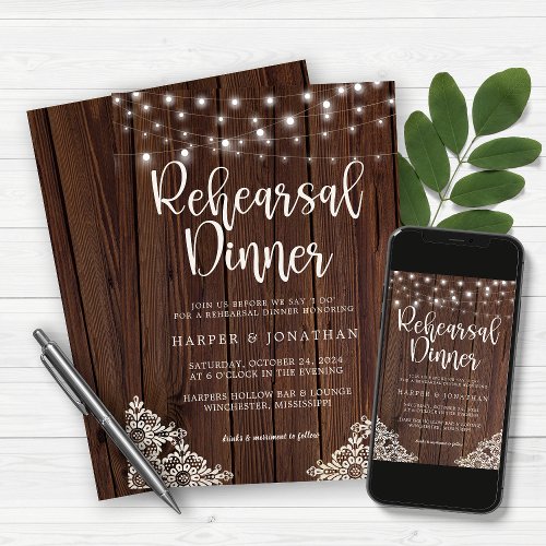 Wood String Lights Lace Wedding Rehearsal Dinner Invitation