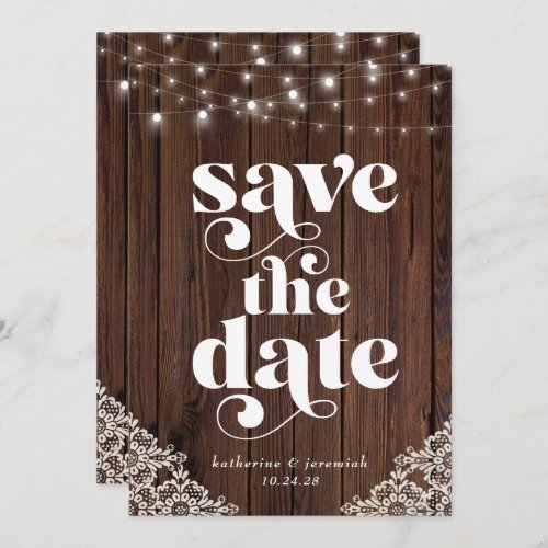 Wood String Lights Lace Wedding Save the Date